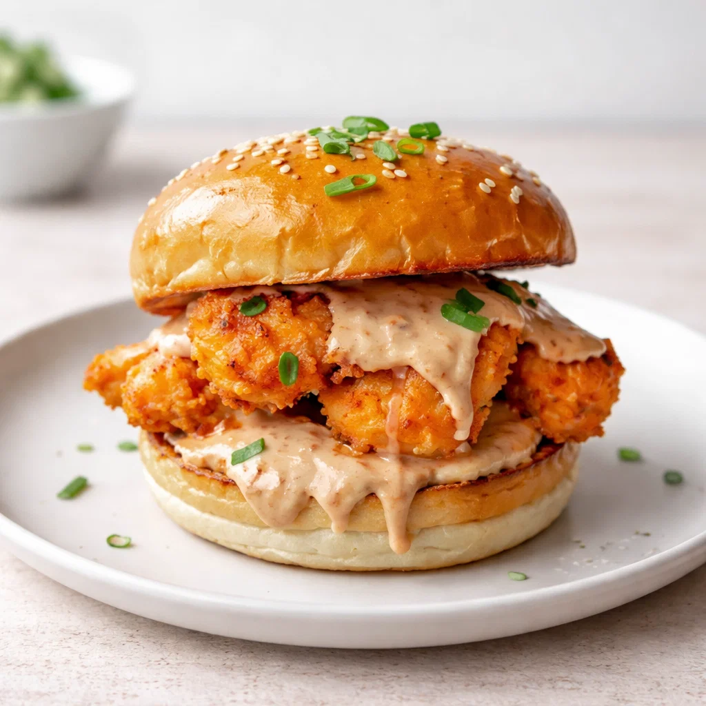 Crispy Bang Bang Chicken Sliders on a wooden platter