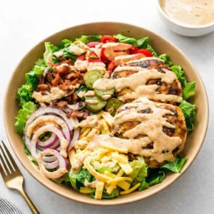 A vibrant and delicious Best Healthy Burger Bowl with turkey and special sauce.