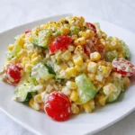 A large bowl of creamy Shoepeg Corn Salad with tomatoes and peppers on a wooden table.