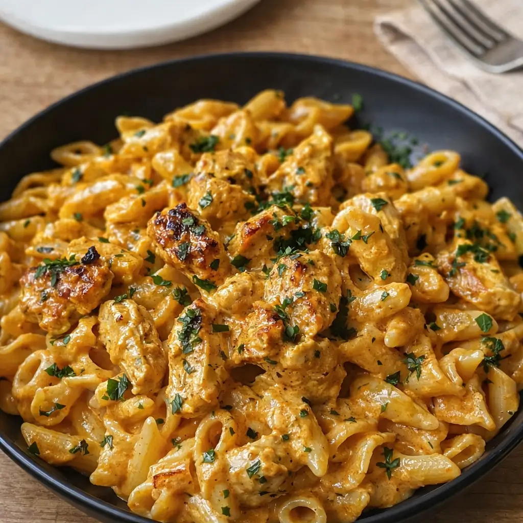 Creamy Cowboy Butter Chicken Pasta with golden chicken in a bowl