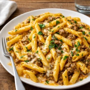 Creamy High Protein Beef Pasta in a white bowl on a wooden table