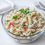 Creamy Pasta Salad in a white bowl on a wooden table