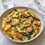 Creamy Pierogi and Turkey Sausage Skillet Delight in a cast iron pan
