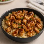 Delicious Honey BBQ Chicken Rice in a skillet