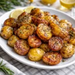 Golden Easy Greek Lemon Potatoes in a rustic dish
