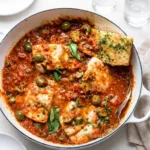 Delicious Fish Puttanesca in a cast iron skillet with olives and capers