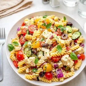 Fresh Mediterranean Pasta Salad in a white bowl on a wooden table