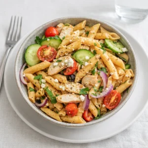 Greek Chicken Pasta Salad in a wooden bowl