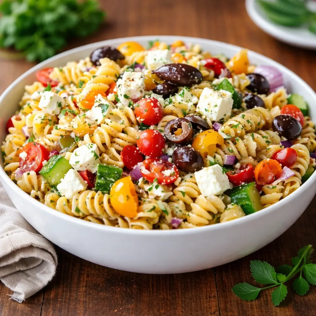 A vibrant and fresh Greek Pasta Salad in a white bowl with feta and olives