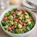 A vibrant Juicy Spring Salad with Avocado in a white bowl on a wooden table.