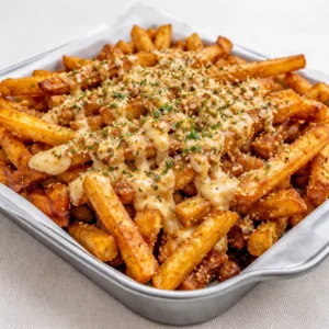 Crispy Louisiana Voodoo Fries with melted cheese and spicy sauce