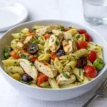 A vibrant bowl of Mediterranean Chicken Pasta Salad with grilled chicken and feta.