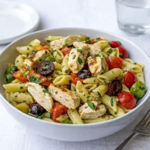A vibrant bowl of Mediterranean Chicken Pasta Salad with grilled chicken and feta.