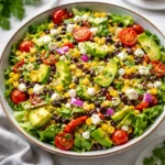 A vibrant Mexican Chopped Salad with charred corn and avocado in a wooden bowl.