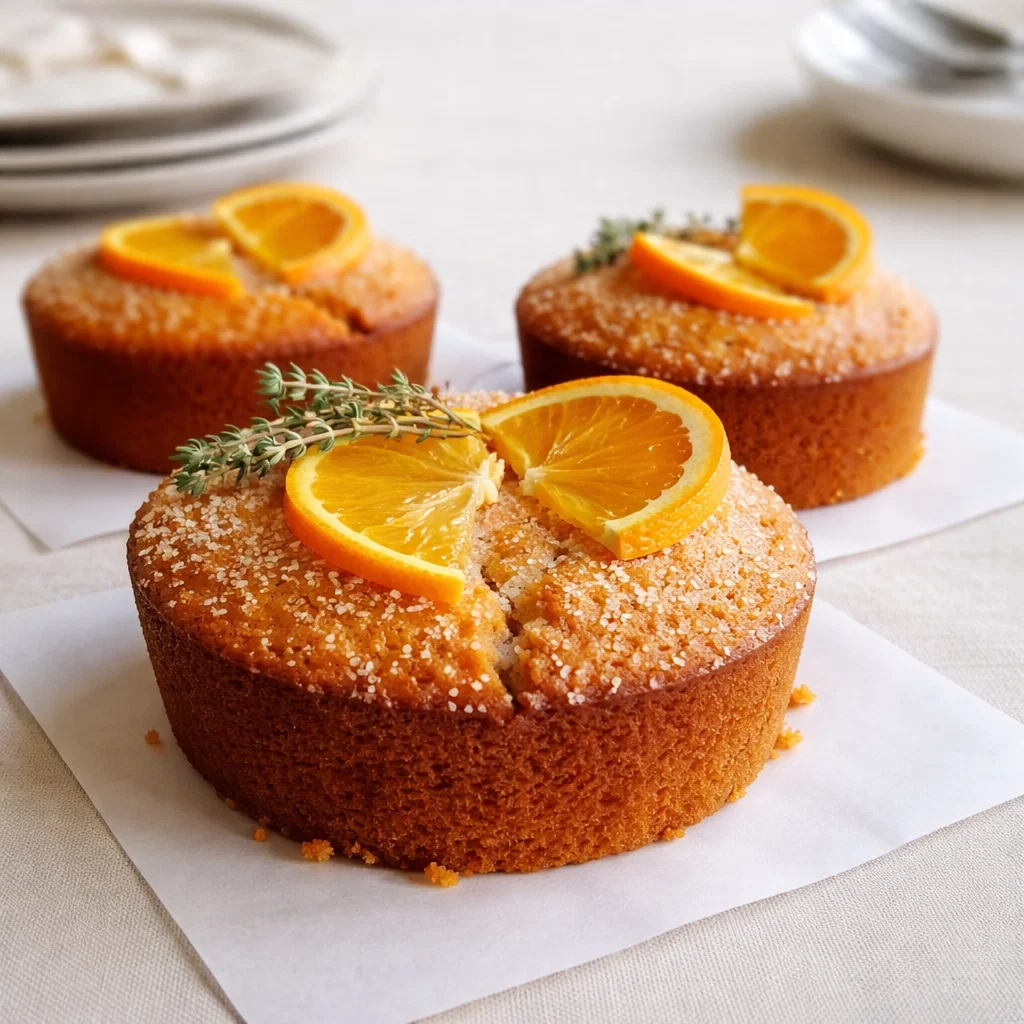 A glazed orange ginger honey cake topped with zest on a wooden table.
