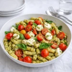 A large bowl of Pesto Caprese Pasta Salad with tomatoes and mozzarella.