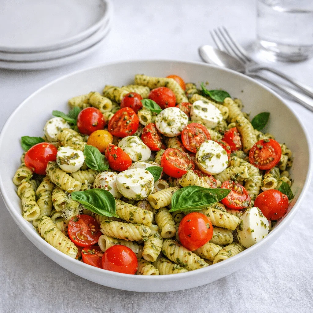 A large bowl of Pesto Caprese Pasta Salad with tomatoes and mozzarella.