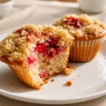 Freshly baked Strawberry Muffins with Streusel topping on a wooden table