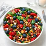 Fresh Strawberry Spinach Salad with feta and balsamic glaze in a wooden bowl.