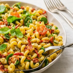 Sun-Dried Tomato Pasta Salad in a white bowl on a wooden table