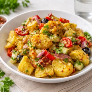 Authentic Turkish Potato Salad with sumac and feta in a bowl