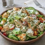 A fresh bowl of Tzatziki Chicken Salad with tomatoes and feta