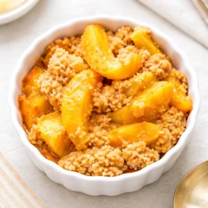 A freshly baked golden Peach Crumble with melting vanilla ice cream