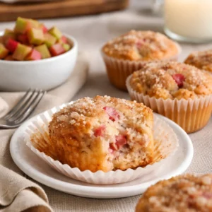 Freshly baked Rhubarb Muffins with cinnamon topping on a wooden table
