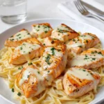A delicious plate of Creamy Garlic Butter Salmon Pasta with seared salmon and parsley.