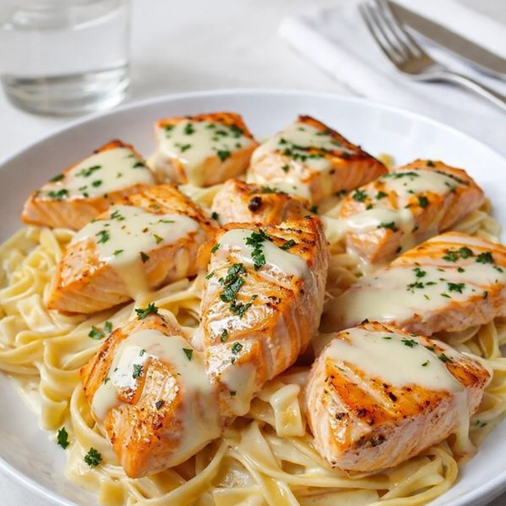 A delicious plate of Creamy Garlic Butter Salmon Pasta with seared salmon and parsley.