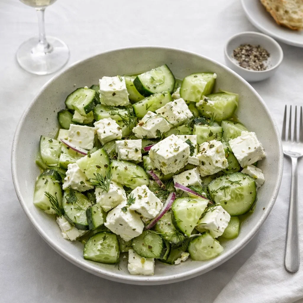 Fresh Cucumber Feta Salad with Lemon Greek Vinaigrette in a white bowl
