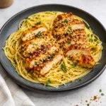 A bowl of Garlic Butter Chicken Pasta with golden chicken and parsley
