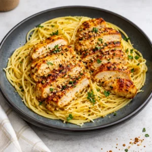 A bowl of Garlic Butter Chicken Pasta with golden chicken and parsley
