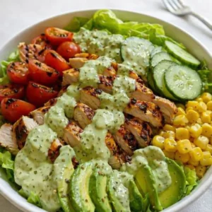 A vibrant Grilled Chicken and Avocado Salad Bowl with creamy dressing and fresh vegetables.