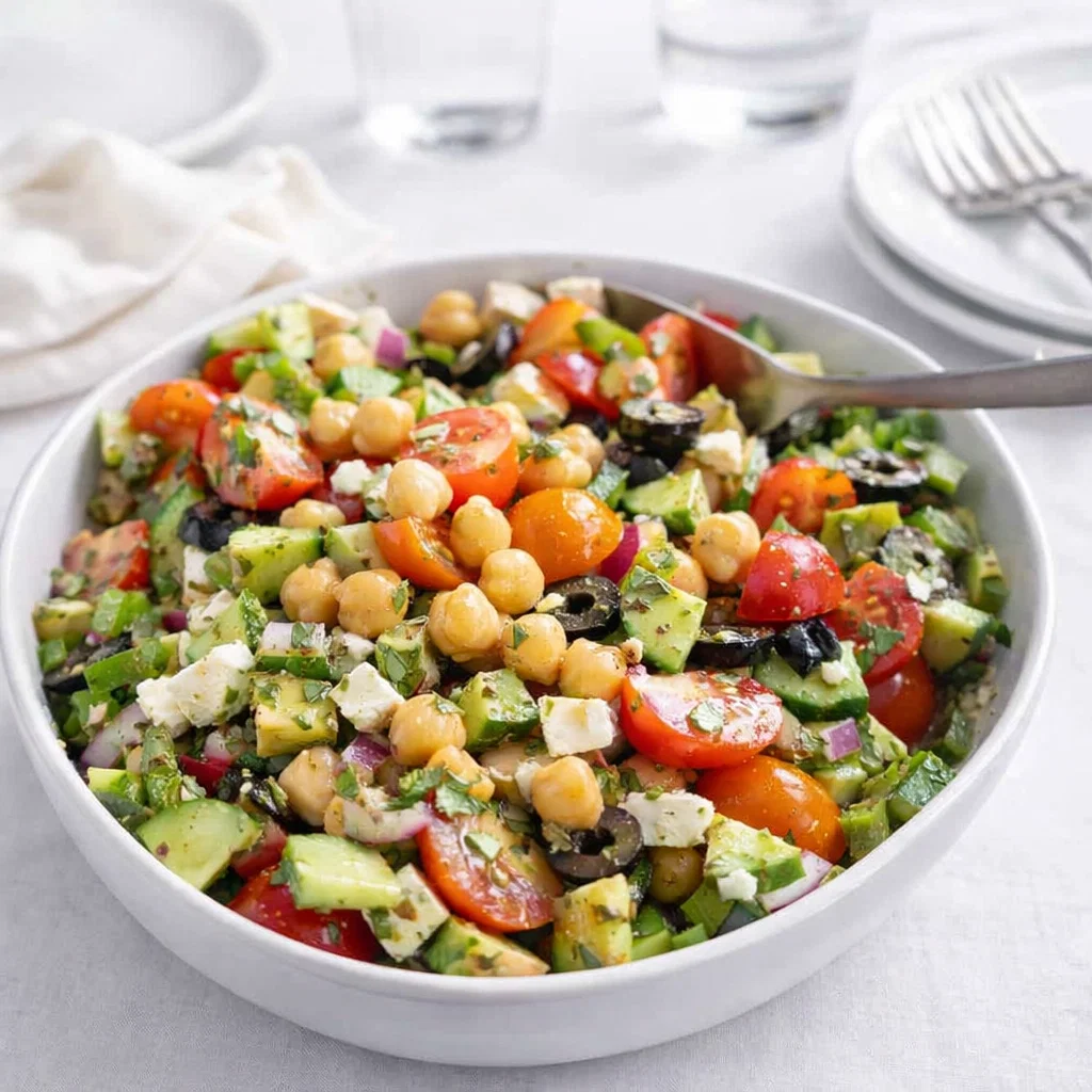 Fresh Mediterranean Chickpea Salad with feta and avocado in a white bowl