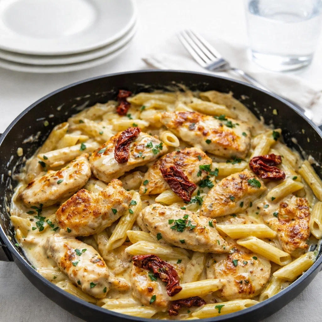A plate of creamy Marry Me Chicken Pasta with seared chicken and sun-dried tomatoes.