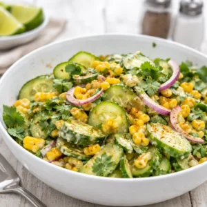 A colorful bowl of fresh Mexican Cucumber Salad with corn and lime dressing.