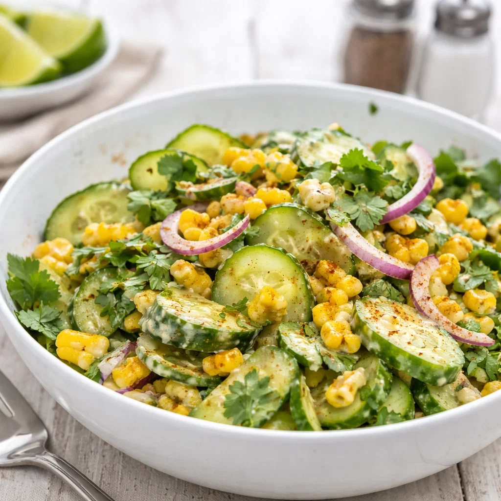 A colorful bowl of fresh Mexican Cucumber Salad with corn and lime dressing.