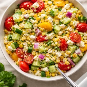 A vibrant bowl of Refreshing Corn Salad with feta and tomatoes on a wooden table.