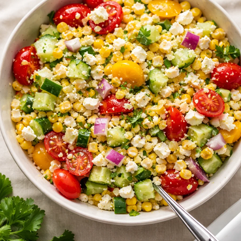 A vibrant bowl of Refreshing Corn Salad with feta and tomatoes on a wooden table.